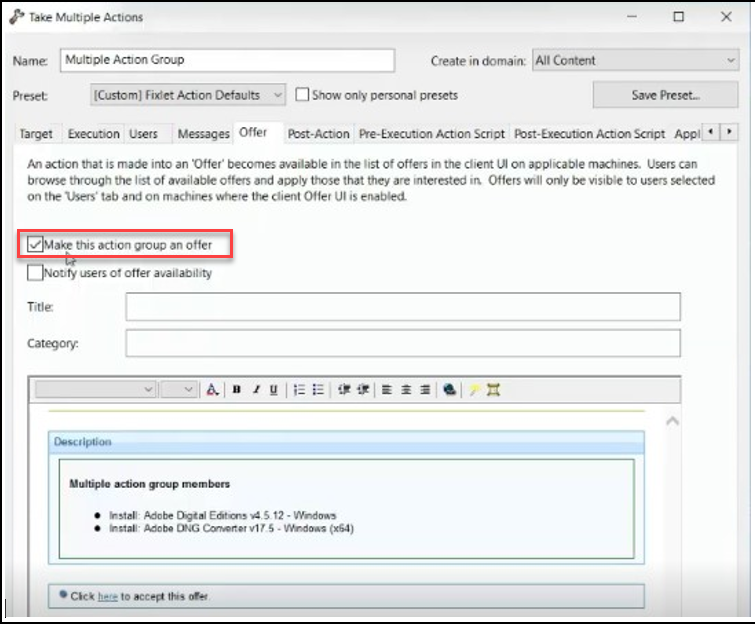 Make this action group an offer