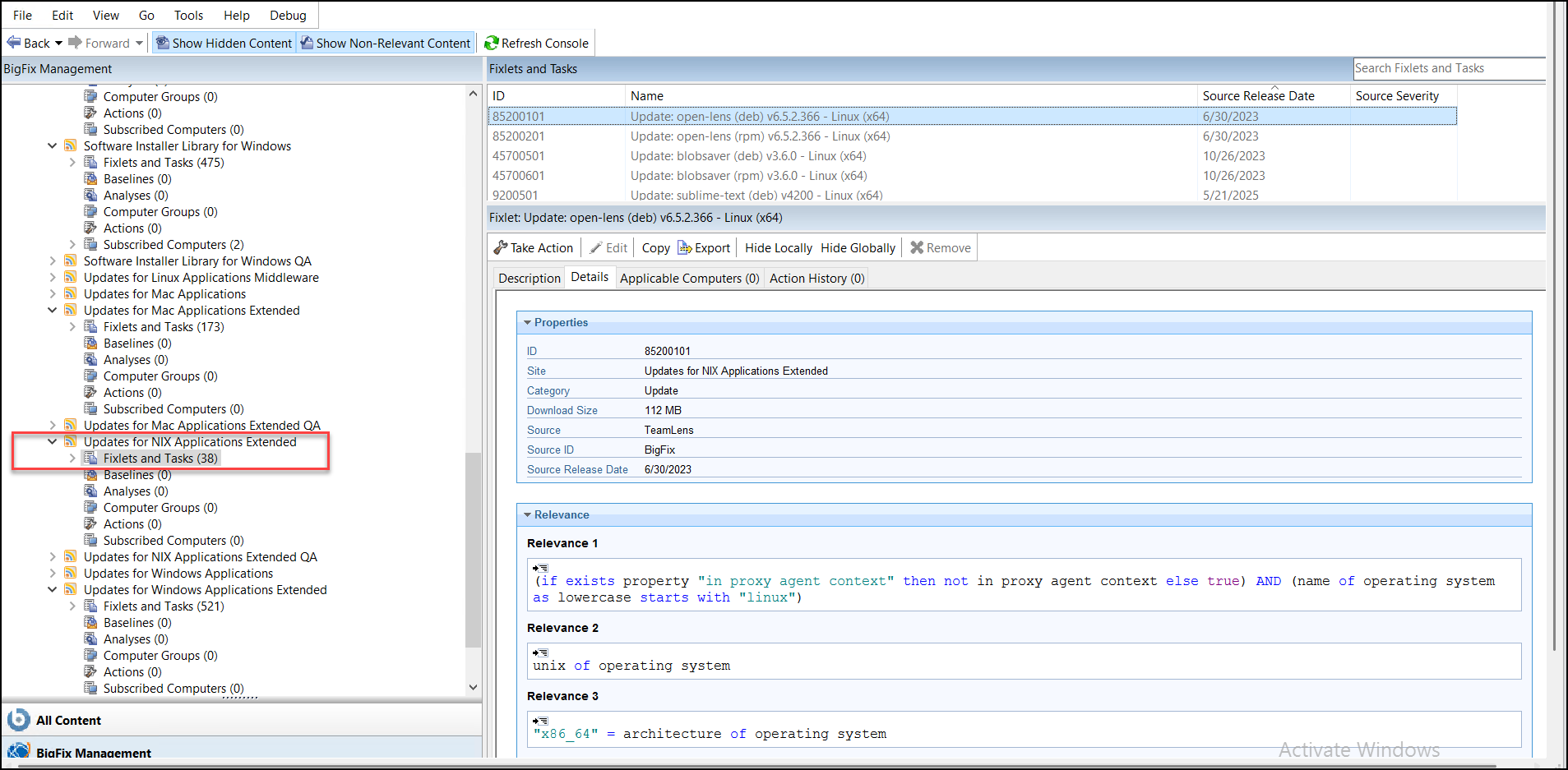 NIX Fixlet and Tasks