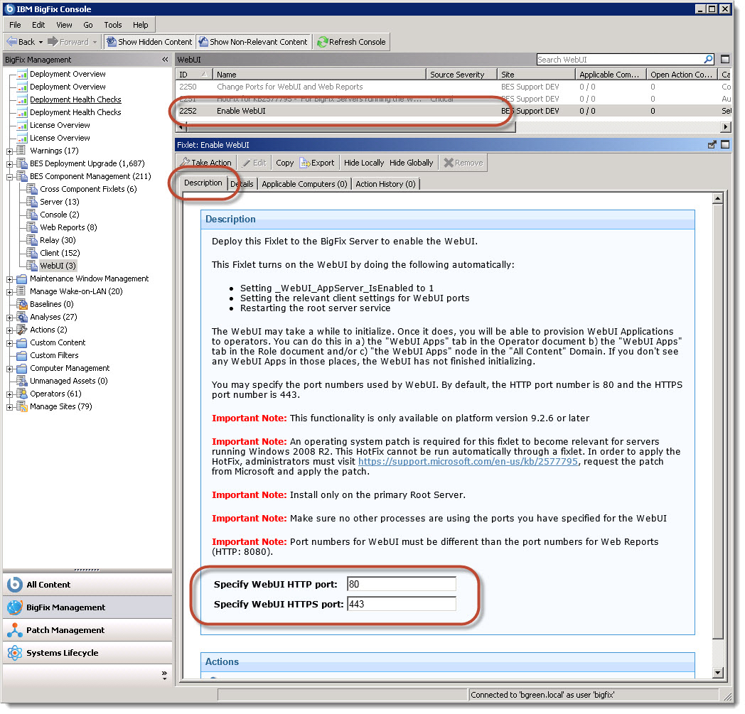 Image of Fixlet 2252 - Enable WebUI, and the default communication ports.