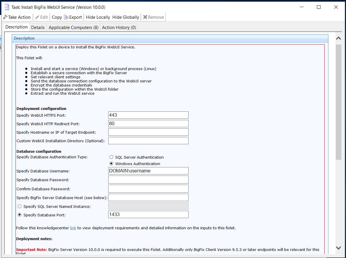 Image of the WebUI Installation Fixlet for V10