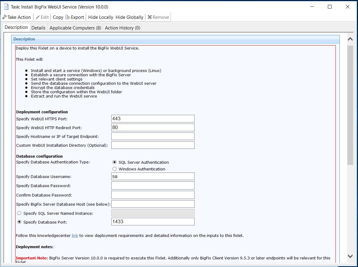 Image of the WebUI Installation Fixlet for V10