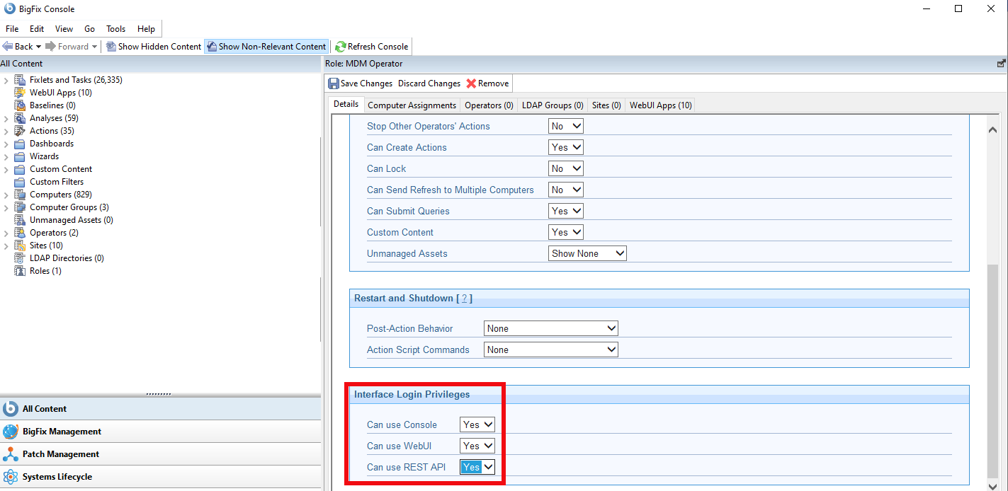 Image showing how to turn off WebUI login privileges for an operator or role.