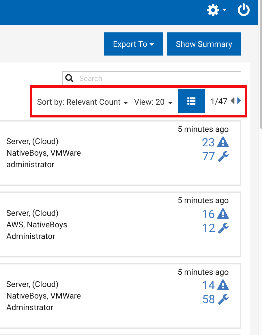 Image of the list controls in the upper right corner of the screen. Annotations: a) Use Sort By to place the items you are looking for at the top of the list. b) Adjust the number of records shown with View. c) Fit more items on the page with Show/Hide Details. d) Pagination controls appear at the top and bottom of each page.