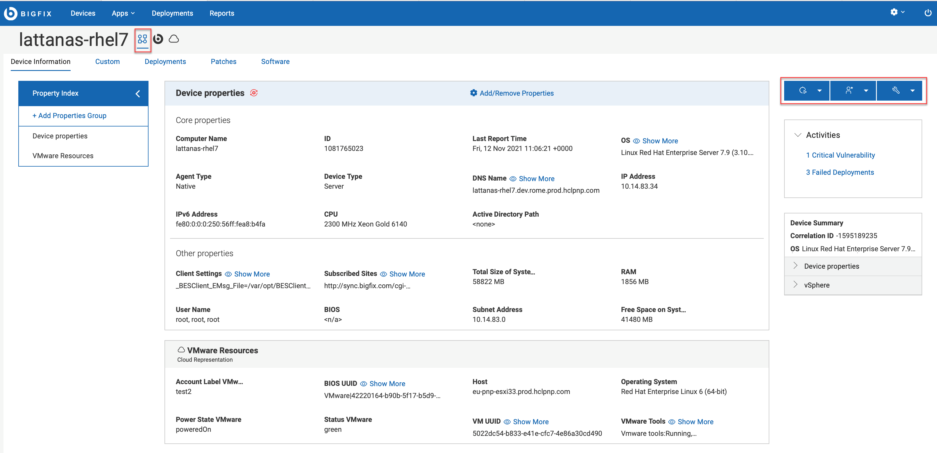 Image of a device document, Properties view. Annotation: a) The Details panel on the right side of the page contains the Deploy button and a device summary.