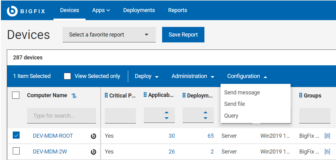 Devices Configurations menu