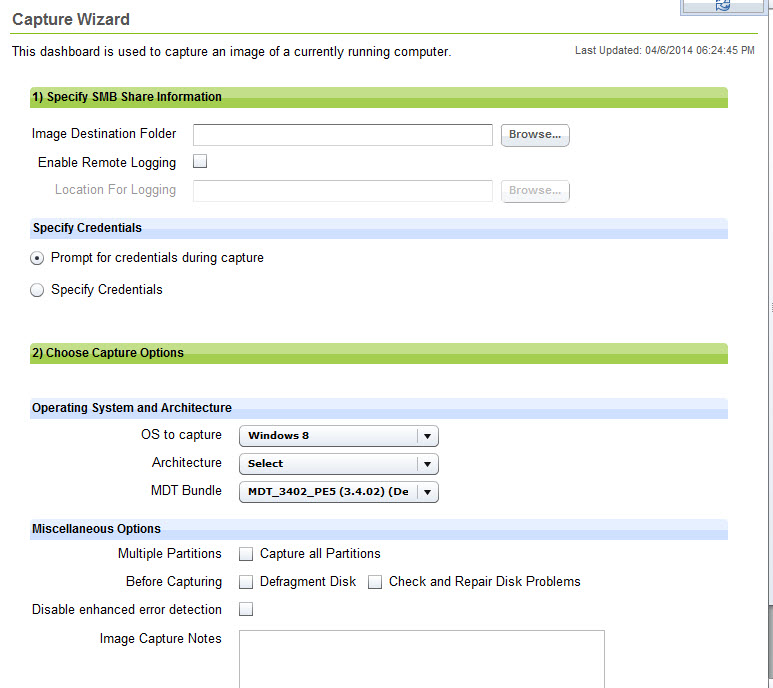 Choosing capture options and credentials