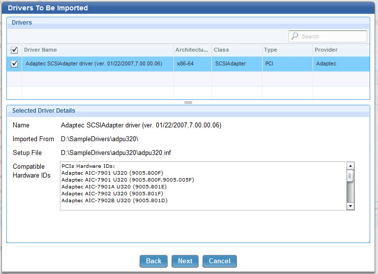 Contents of driver directory before an import operation