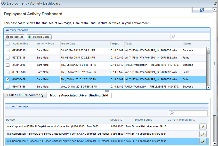 Selecting drivers from the driver binding grid