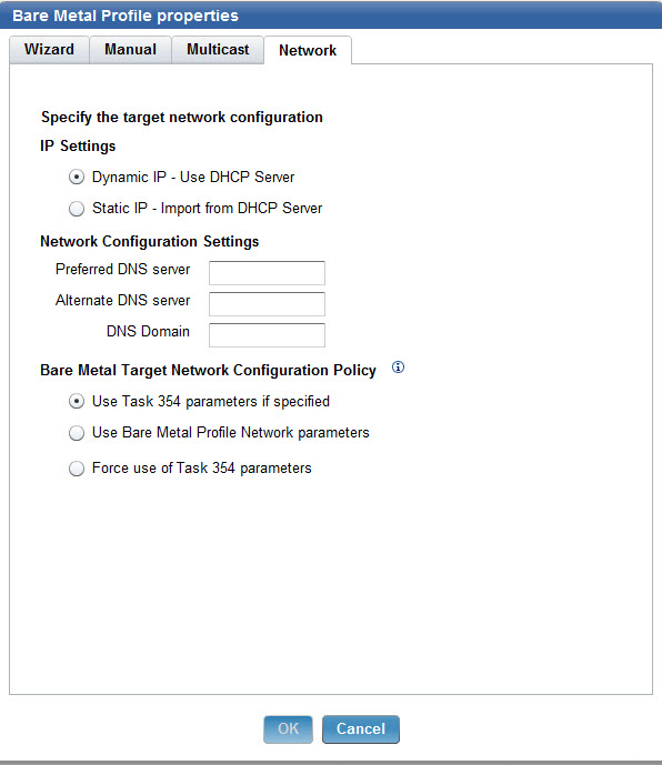 Specify target Network settings tab with default parameters