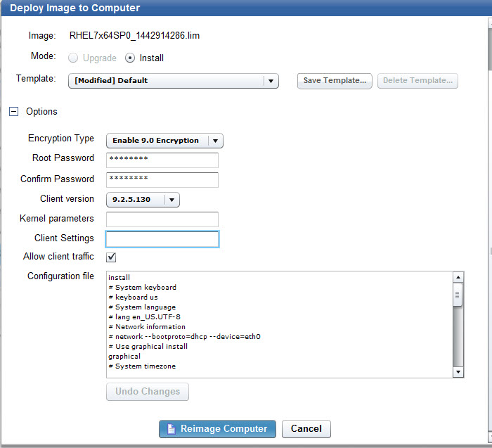 Deploy image to computer dialog - install mode