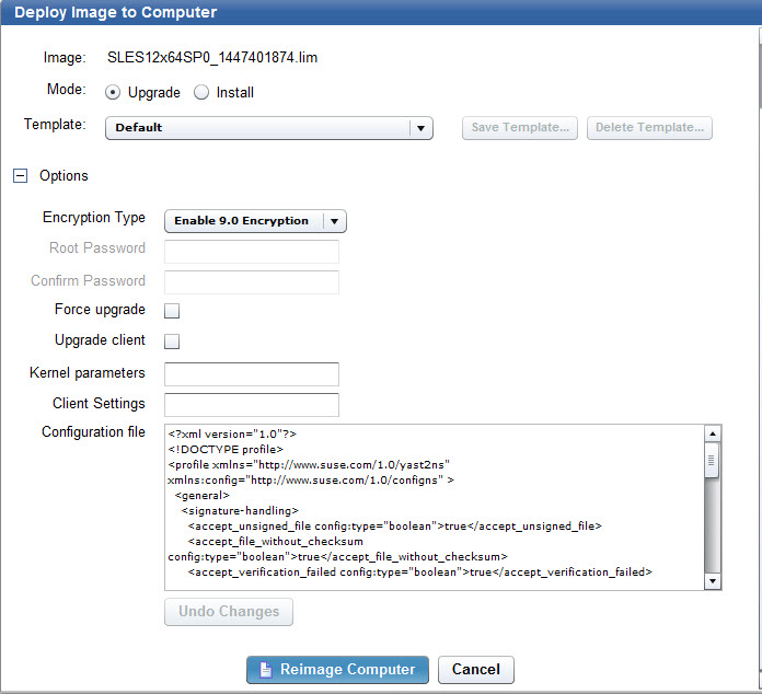 Deploying image to computer dialog - upgrade mode