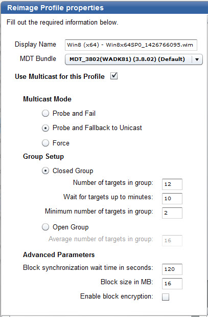 Reimage Profile properties window