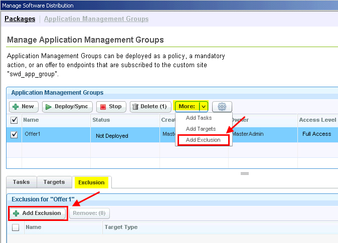 Adding an exclusion to an Application Management Group