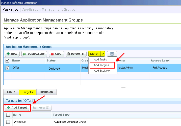 Adding targets from the Manage Application Management Groups dashboard