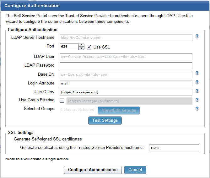 Configure Authentication dialog