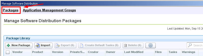 Manage Software Distribution Packages dashboard