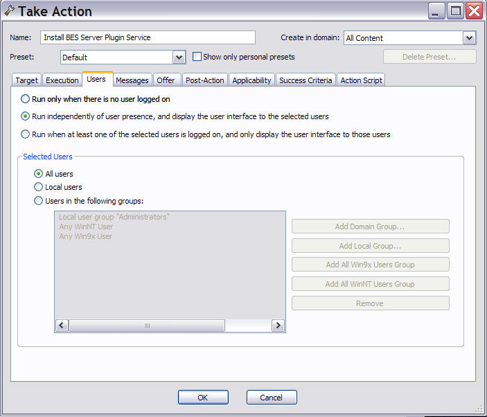 This window displays the Users tab under which you can fine tune the delivery of actions based on the presence of users.