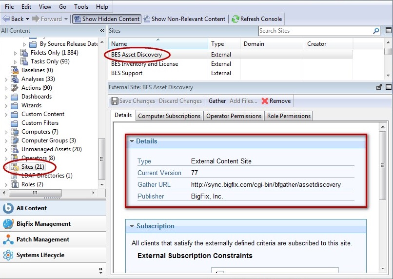 This window displays the domain panel and the site on the left. The Site Properties are displayed in the work area, the site publisher and the URL from which the content has been gathered is also displayed in the work area.