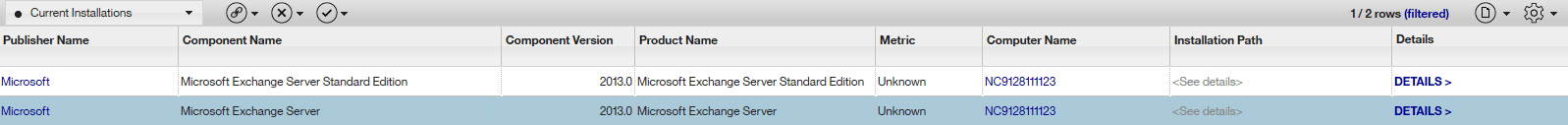 The screen shows the Microsoft Exchange elements on the Software Installations panel.