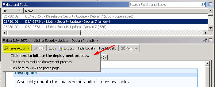 デプロイメント・プロセスを開始するためのアクションの実行