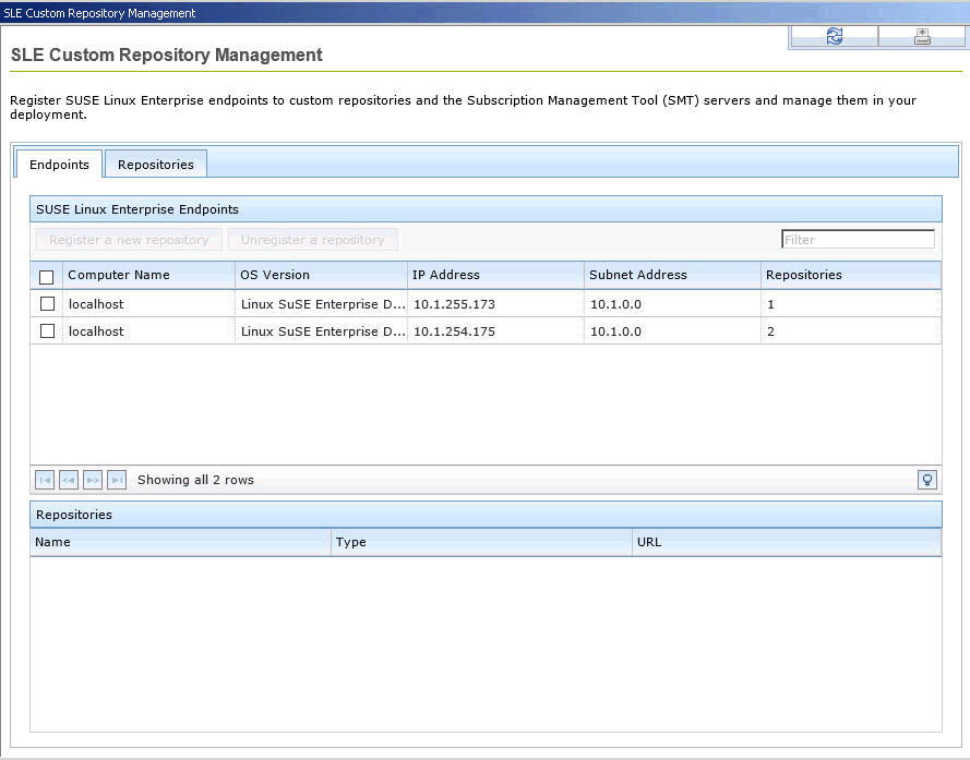 「SLE カスタム・リポジトリー管理」ダッシュボード