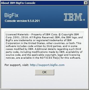このウィンドウには、BigFix の「バージョン情報」ダイアログが表示されています。