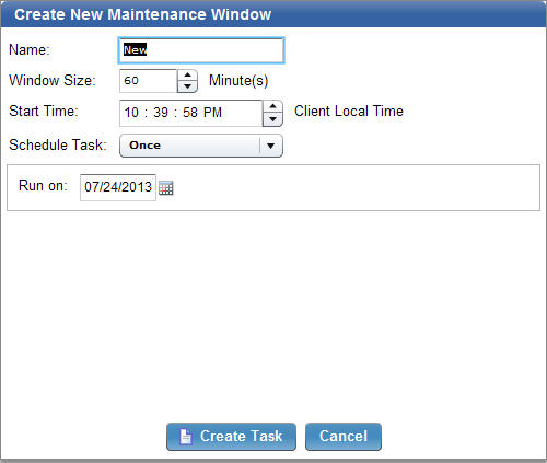 このウィンドウには、新しいメンテナンス・ウィンドウを設定するための「新規メンテナンス・ウィンドウの作成」ダイアログが表示されています。