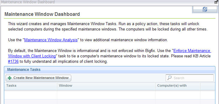 このウィンドウには、「メンテナンス・ウィンドウ・ダッシュボード」ダイアログが表示されています。