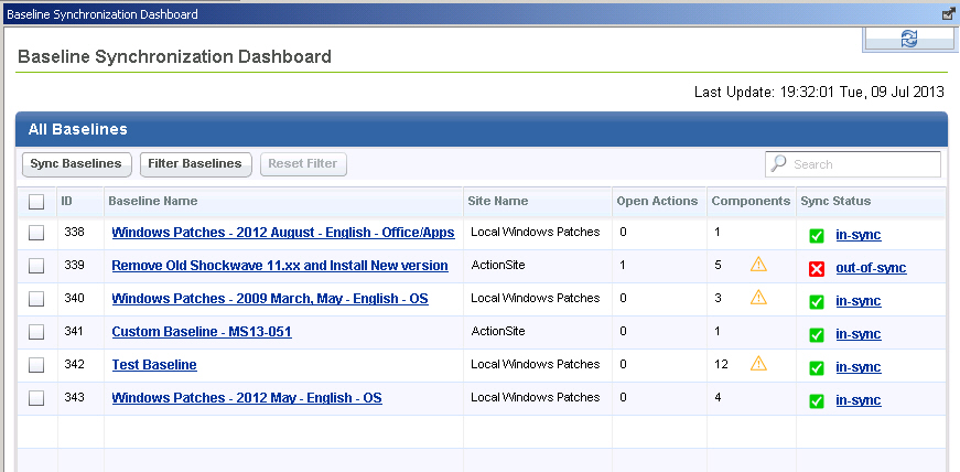 このウィンドウには、各ベースラインの情報を示すダッシュボードが表示されています。