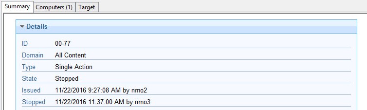 この図は、停止されたアクションの状態の「概要」ウィンドウを表示しています。