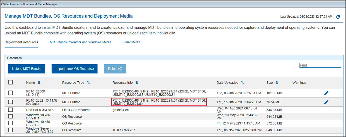 Bundle and Media Manager dashboard, Deployment Resources tab