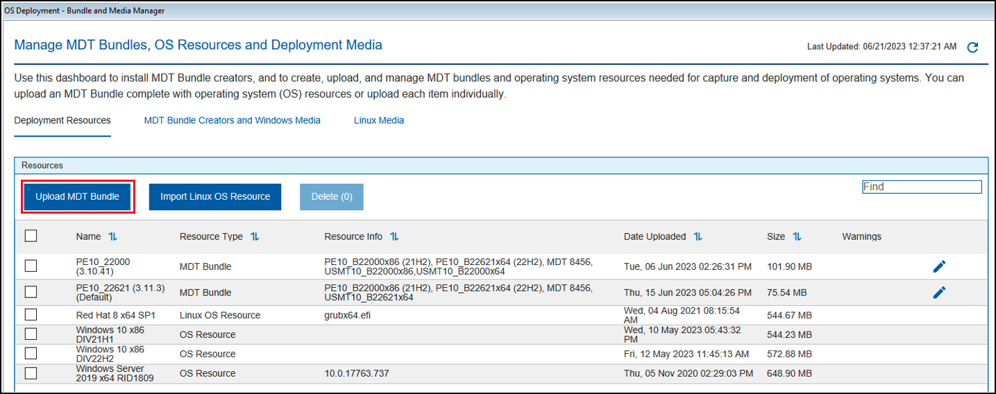 Upload MDT Bundle button