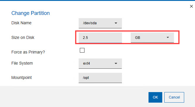 Changing the size of a partition from the partition editor