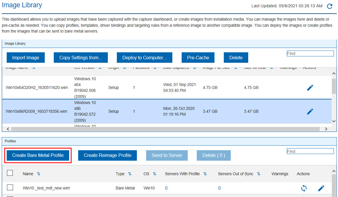 creating bare metal profiles from the image library