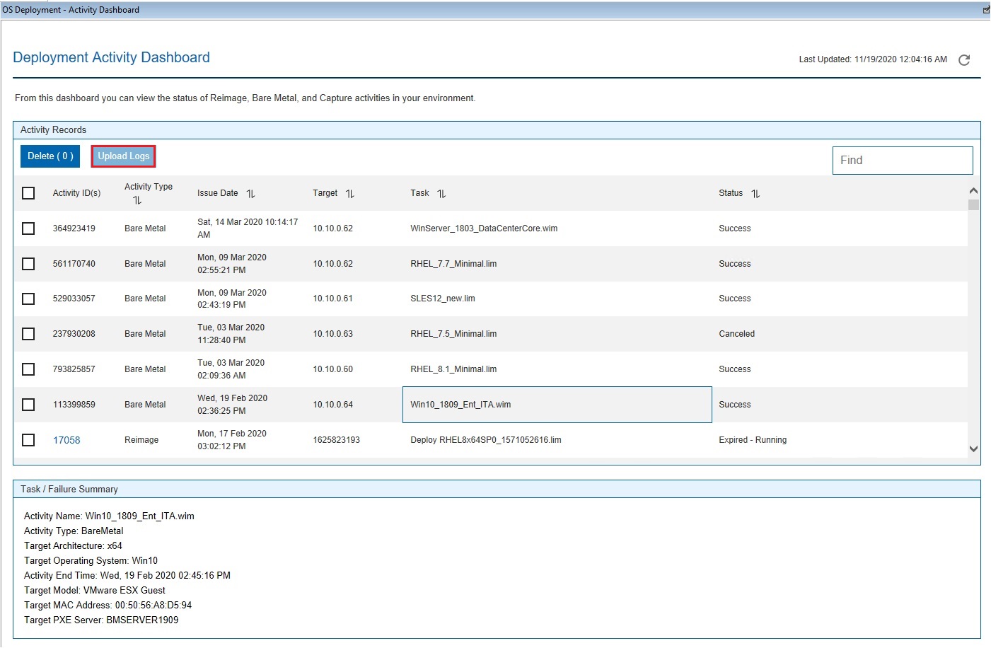 Deployment activity dashboard