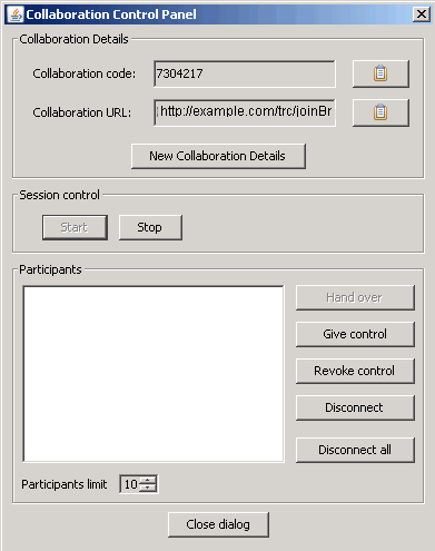 Collaboration control panel window for a collaboration session that connects through a broker, for master controller to control session activity