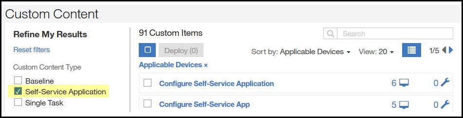 Image of the SSA filter on the Custom Content list.