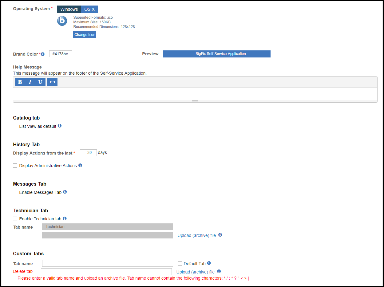 Image of the bottom portion of the Configure Self-Service Application page.