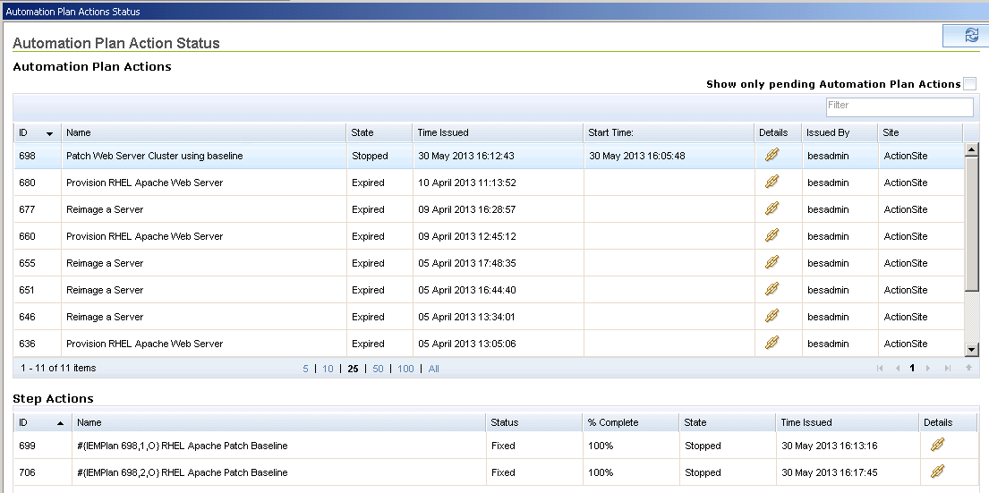 This graphic shows an example of the Automation Plan Action Status dashboard.