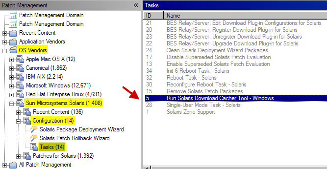 Navigation to access the Run Solaris Download Cacher Tool - Windows task from the navigation tree