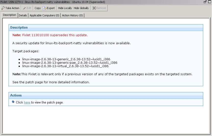 Description of a superseded Fixlet showing the newer Fixlet ID