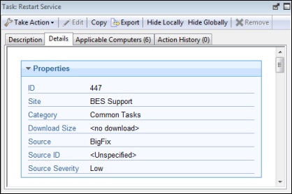 This window displays the Details tab under which the mechanics behind the selected Fixlet, Task, Analysis, or Baseline object are displayed.