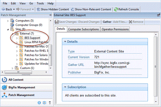 This window displays a navigation tree on the left hand side of the panel where External and Custom sites are listed.