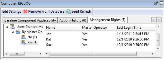 This window displays the Management Rights tab of the Computer dialog which lists the operators who are currently granted management rights to apply actions to the specified computer.