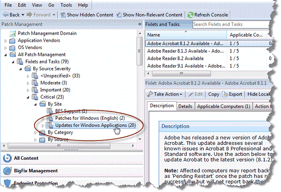 This window displays the icon labeled All Patch Management composed of a union of Fixlets and Tasks combined from all the sites that make up this domain. The Source Severity folder is a also displayed containing a breakdown of the content.