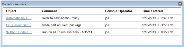 This window displays a dialog list with all comments created to date in time and date order.