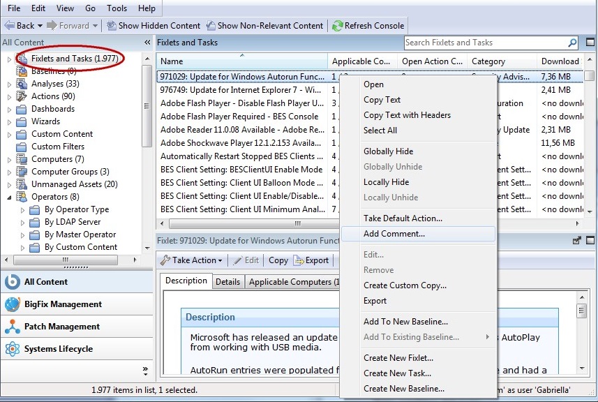 This window displays the Fixlets and Tasks icon circled in the Domain Panel navigation tree. By right clicking the Fixlet you can select Add Comment which is displayed in the middle of the panel.