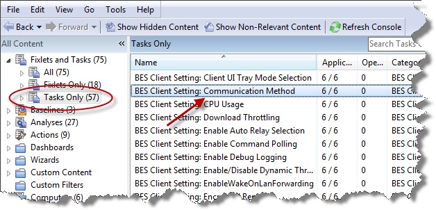 This panel displays the Domain Panel navigation tree on the left hand side of the panel where the Task Only icon is circled. On the right hand side of the panel the Tasks are listed.