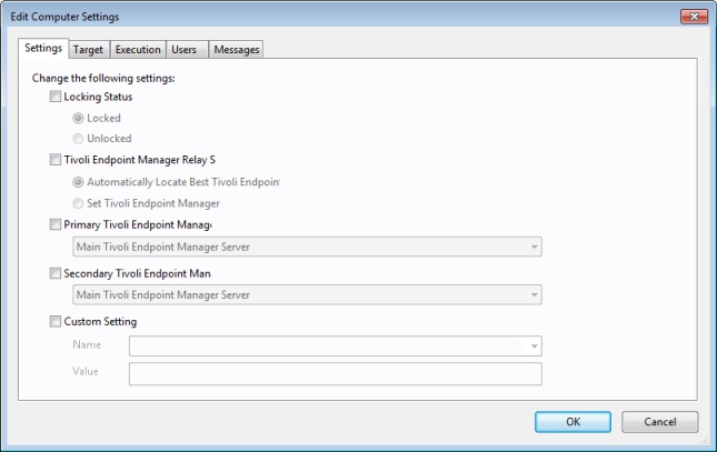 This window displays the Edit Computer Settings tab under which there are five tabbed dialogs to target and customize the settings for a selected group of Clients.