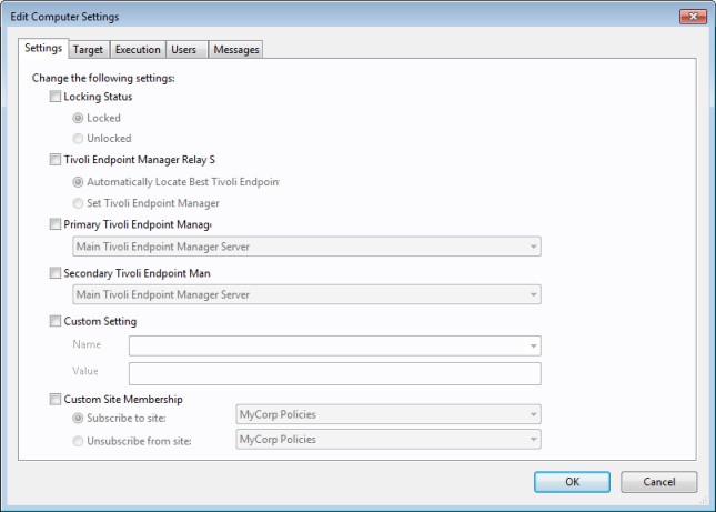 This window displays the Settings tab of the Edit Computer Settings dialog under which you can administrator to apply certain settings to multiple targeted computers, including locking, relays, and custom variables.